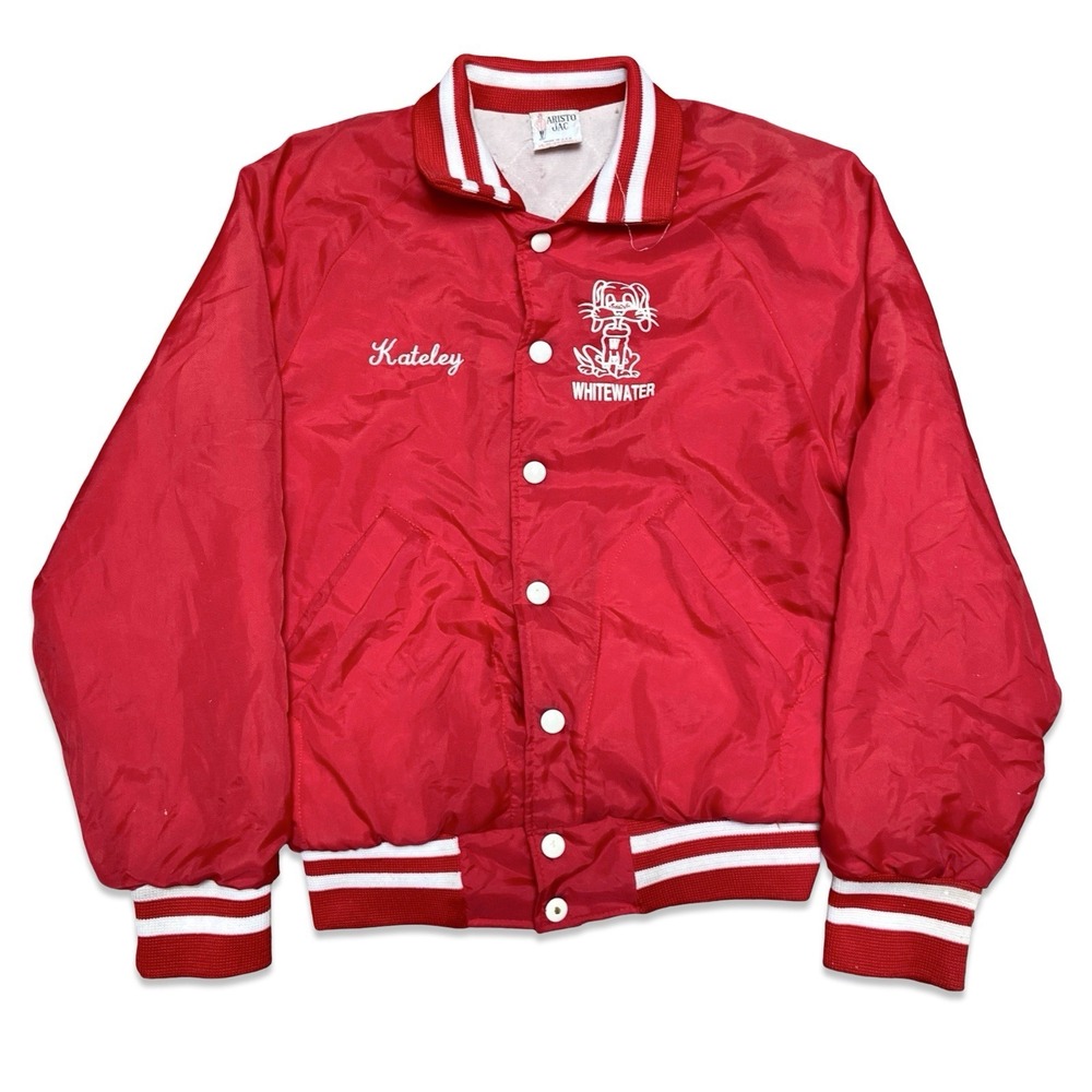 VTG 1980s Aristo Jac Satin Bomber Jacket University Wisconsin Whitewater Warhawk